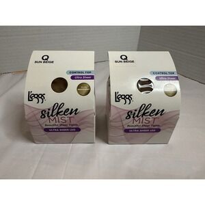 New 2 Pairs Women's  Leggs Silken Mist SunBeige Control Top Pantyhose Tights  Q